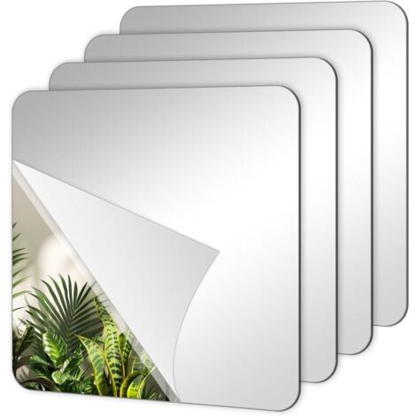 Lot de 4 miroirs adhésifs - Miroir acrylique à coller - 15 x 15 cm - Autocollant mural - Miroir mural flexible - Pour salle de bain, salon, chambre à coucher (1/5)