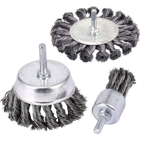Ensemble de 3 brosses métalliques nouées avec manches de 1/4", brosses à extrémités coudées de 3" et 1" pour éliminer la rouille (1/5)