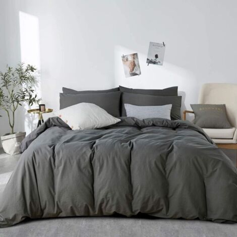 Housse de couette 200 x 230 cm coton gris anthracite uni - parure de lit 2 personnes avec fermeture éclair - aspect froissé naturel housse de couette avec 2 taies d'oreiller 65 x 65 cm (1/5)