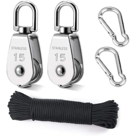 Poulie de levage, 2 poulies de 15 mm en acier inoxydable 304, 2 poulies simples M15, pour cordes et câbles, avec corde d'escalade de 8 mm et 20 m. (1/5)