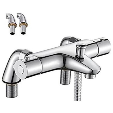 Mitigeur Thermostatique Baignoire, Robinet Thermostatique Bain Douche avec Bouton de Sécurisé à 38°C, Robinets de douche Thermostatique pour Baignoire, Laiton, Anti-brûlure