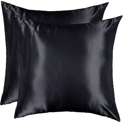 Taie d'oreiller Satin 60x60 Lot de 2 Lisse Elégant Housse Oreiller Carré Confort Soyeux Peau Frais Eté Fermeture Eclair Maison Hôtel, Noir - RWHousse de coussin (1/5)