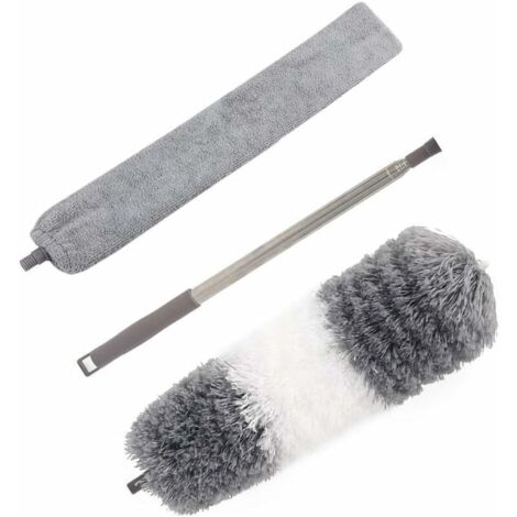 Kit de dépoussiérage haute portée, comprend un plumeau en microfibre pliable, une brosse de nettoyage amovible et un manche d'extension en acier inoxydable de 76 à 254 cm, pour ventilateur de plafond (1/5)