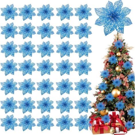 Lot de 36 décorations de Noël en forme de poinsettia à paillettes pour sapin de Noël, 4", fleurs artificielles en soie pour couronnes de Noël, décoration de vacances (marine) (1/5)