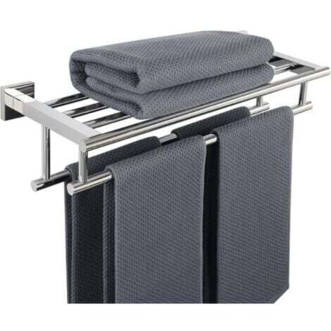 Porte-Serviettes Salle de Bain Porte-Serviettes Mural Double Barres Porte-Serviettes avec Étagère, 60 cm Finition Polie en Acier INOX SUS 304, EGZ8050-C - RWPorte-serviette (1/5)