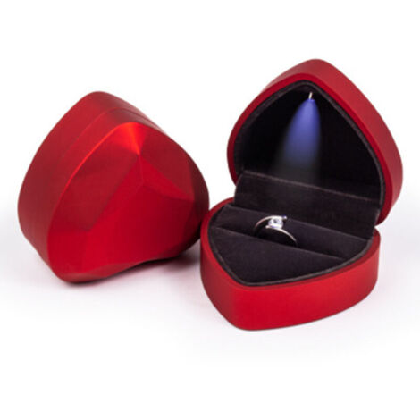 Boîte à bagues en forme de cœur, organisateur de coffre à bijoux avec support en velours avec lumière LED pour cadeau d'anniversaire, cérémonie de mariage, rouge (1/4)