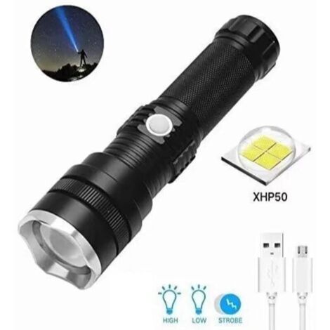 Lampe de poche LED rechargeable, lampe de poche tactique zoomable super lumineuse XHP50 6000 lumens 3 modes lampe torche étanche pour camping randonnée (1/5)