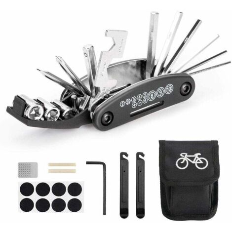 Outil multifonction de vélo, outils 16 en 1 pour sac d'outils portables de vélo avec outil à chaîne et levier de correction de pneu, patch de vélo auto-adhésif, etc. (1/5)