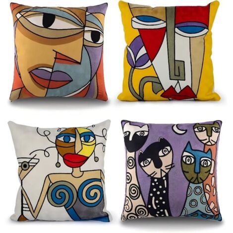 Lot de 4 Housse de Coussin Picasso 45x45 cm Coton Lin Brodé Housses Coussins Canapé Décoration Salon Scandinave Chambre Lit Fauteuil de Bureau Design Motif Visage Abstrait Vintage Colorée (1/5)