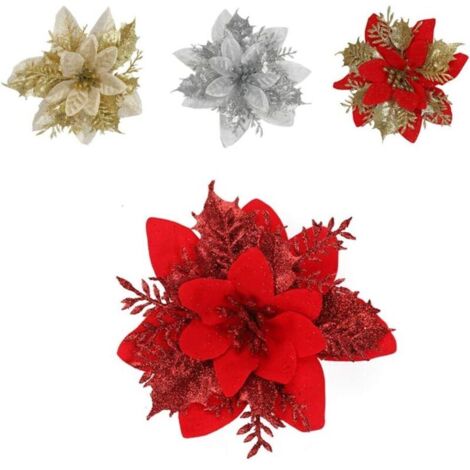 12pcs fleur de simulation de Noël, fleur de Noël poinsettia, fleur de Noël, décoration d'arbre de Noël, fleurs de Noël artificielles (rouge) (1/5)