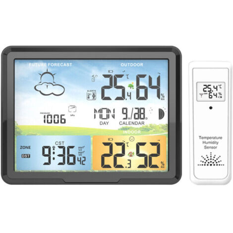 Station météo sans fil avec capteur extérieur, température et humidité intérieur/extérieur, prévisions météo, affichage numérique couleur.