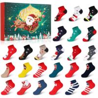 Calendrier de l'Avent 2024 pour enfants avec chaussettes - Coffret 24 jours de l'Avent - Compte à rebours de Noël - Motifs Père Noël, élan, bonhomme de neige et sapin de Noël
