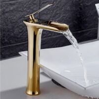 Robinets de lavabo à effet cascade doré, mitigeurs à effet cascade, robinets de lavabo, robinets de lavabo monocommande, raccordement eau chaude/eau froide, haut