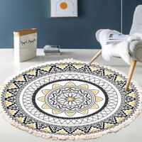 Tapis rond à franges, tapis rond en coton lavable et antidérapant, petit tapis rond tissé pour chambre d'enfant balcon (tapis rond 60 cm)