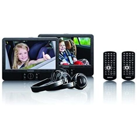 Reproductor de DVD portátil de 2 x 9” con USB SD, batería integrada, auriculares y soporte Negro