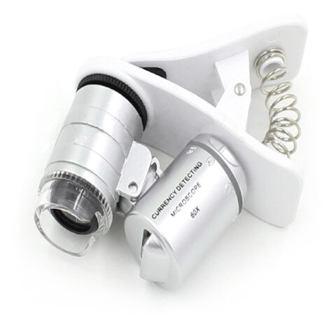 Loupe 60X pour smartphone, mini microscope portable argenté avec lumières LED/UV (1/5)