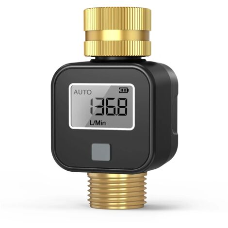 Débitmètre à filetage en laiton – Mesure précise de l'unité (gallons/litres) – Débit maximal 45 litres/minute – Étanche IPX6 – Compatible avec tuyau de 3/4 pouces