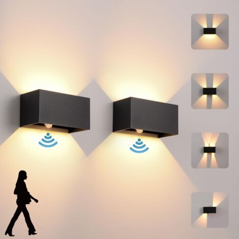 Pack de 2 apliques de pared LED para interior y exterior con sensor de movimiento, 24 W, luz blanca cálida de 3000 K, luz de pared impermeable IP65