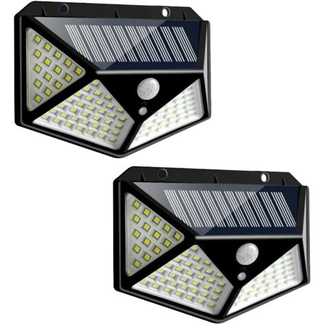 2 luces solares de pared de 100 LED para exteriores, impermeables, con sensor de movimiento y luz solar para calle