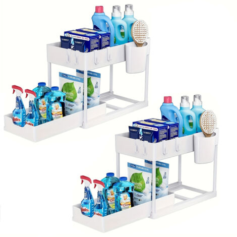 Juego de 2 organizadores de plástico de 2 niveles para debajo del fregadero, para baño y lavadero, color blanco.