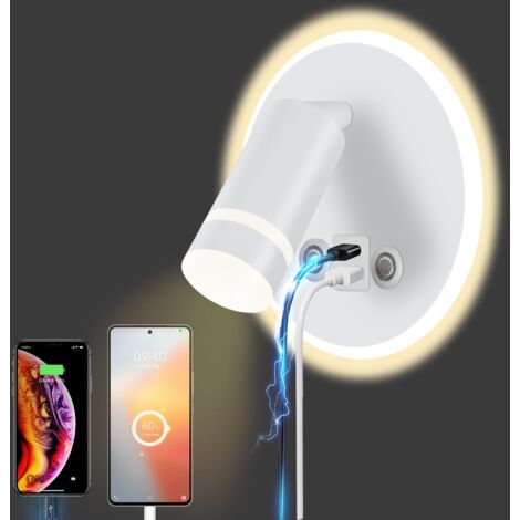 Lámpara de pared LED para mesita de noche, cargador USB tipo C, interruptor táctil, lámpara de lectura, cabecero, color cambiable, regulable (1/5)
