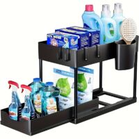 Organizador deslizante de 2 niveles para debajo del fregadero, cestas de plástico, soporte para cajón de especias de cocina y baño, color negro.