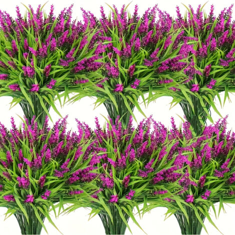 Strauß mit 6 dekorativen künstlichen Lavendelblüten für den Außenbereich, UV-beständig, für die Innendekoration, rot-lila