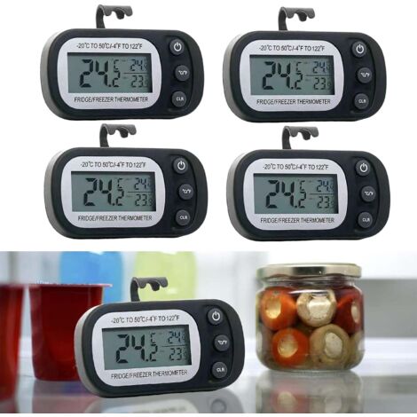 4Stk Digitale Kühlschrank Gefrierschrank Thermometer Wasserdicht mit integriertem Haken, Großes LCD Display, Max Min Speicher, Temperaturkontrolle für Haushalt Gastronomie