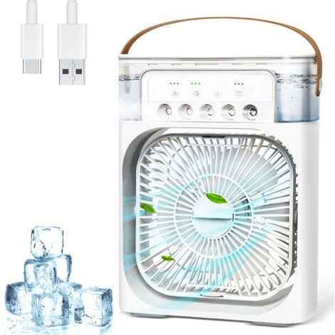 Ventilatore portatile per aria condizionata, umidificatore USB, 7 luci LED colorate, ventola di raffreddamento silenziosa a 3 velocità, bianco