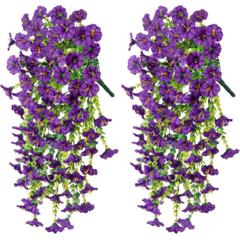 Confezione da 2 fiori artificiali da appendere all'esterno, ipomea artificiale con foglie, piante sospese realistiche, viola