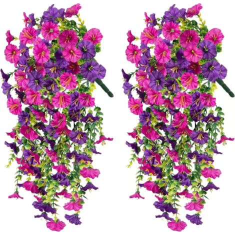 Confezione da 2 decorazioni floreali da giardino primaverili ed estive, fiori artificiali da appendere alla parete, ipomea, viola e rosa rossa