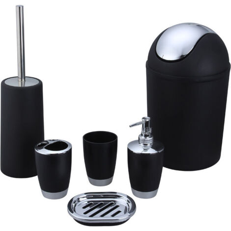 Set da bagno 6 pezzi: portaspazzolino, portasapone, scopino per WC, contenitore per il bagno e set da toeletta, nero
