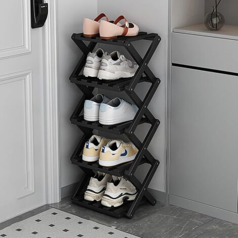 Bamboo Shoe Rack, Home Shoe Organizer, Storage Shelf, Foldable Storage Rack, Ideal for Corners (Black, 5 Tiers) (1/5)