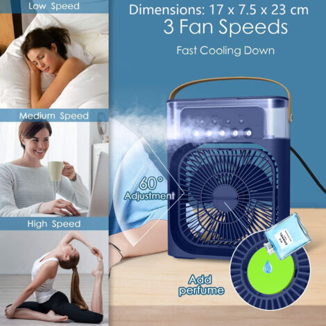 Ventilador nebulizador de cinco orificios, ventilador de enfriamiento silencioso recargable, tanque de agua de 500 ml, 3 velocidades, 7 LED de colores, negro