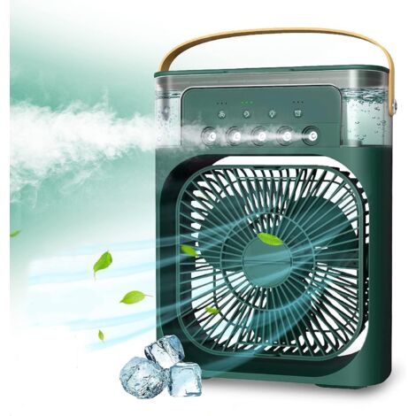 Aire acondicionado portátil, 3 velocidades de viento, 3 modos de nebulización, enfriador de aire con 5 boquillas de pulverización y luces de colores (verde)