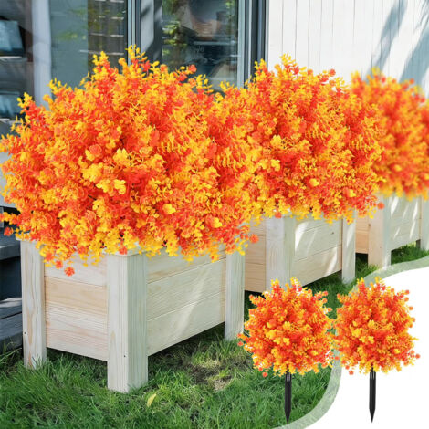 Conjunto de 2 eucaliptos artificiales para jardín, ramo decorativo de plantas verdes realistas, con estacas de fijación, color naranja.