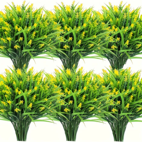 Juego de 6 plantas artificiales verdes para exterior, lavanda artificial, resistentes a los rayos UV, color amarillo.