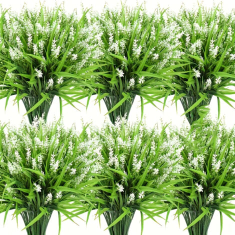 6 piezas de césped artificial de lavanda, flores artificiales decorativas para exterior, resistentes a los rayos UV, color blanco.