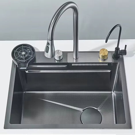 Fregadero de cocina multifunción de acero inoxidable con cascada, seno grande, grifo, lavavasos, estilo clásico, 60 x 45 cm