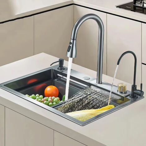Fregadero de acero inoxidable con efecto cascada, gran capacidad, multifuncional con grifo integrado, estilo clásico, 60 x 45 cm - 001