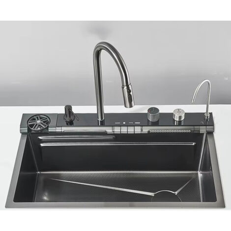 Fregadero multifuncional de acero inoxidable con caño tipo cascada, gran capacidad, grifo con pantalla digital integrada, 4 mandos, 75 x 45 cm - B