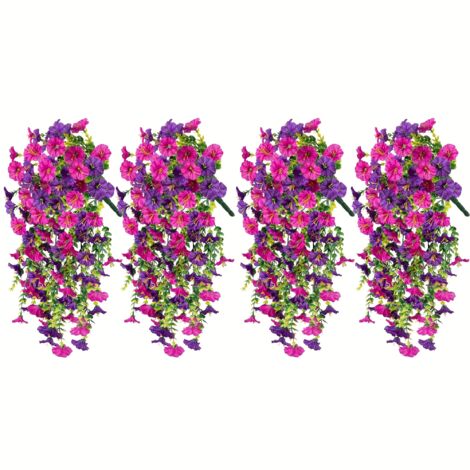 Paquete de 4 flores artificiales colgantes para exteriores, campanillas artificiales, color morado y rojo rosa. (1/5)