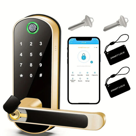 AUTRUCKER Smart Digital Door Lock, Keyless Entry, NFC, IP67 Waterproof, with 2 IC Cards, APP Remote Control, Black and Gold