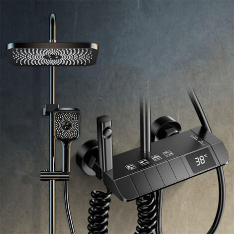 AUTRUCKER Thermostatic Shower Faucet with Digital Display, Shower Head, Four-Way Thermostatic Mixer, Black Storage Holder