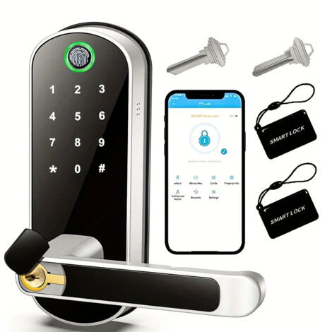 AUTRUCKER Keyless Fingerprint Smart Door Lock: Digital Electronic Lock with Access Code, Biometric Door Handle, Black and Silver