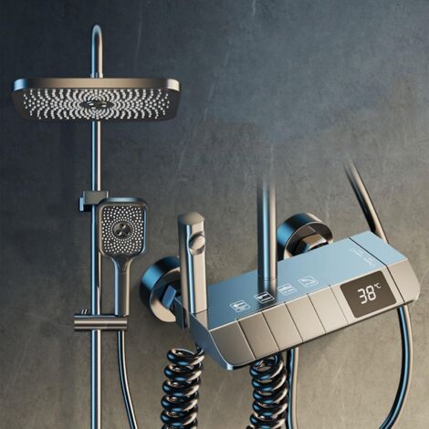 AUTRUCKER Smart Digital Display Shower Faucet Set, Piano Style Rain Shower Bathroom System, Digital Mixer Tap, Grey