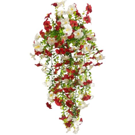 Set of 8 Hanging Artificial Morning Glories, Realistic Flowers, Balcony Decoration, Red and White