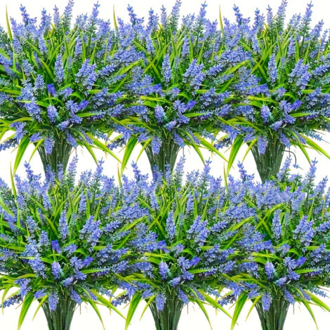 Set of 6 Artificial Lavender Plants, Outdoor Artificial Greenery, UV-Resistant Synthetic Plastic Plants — Purple