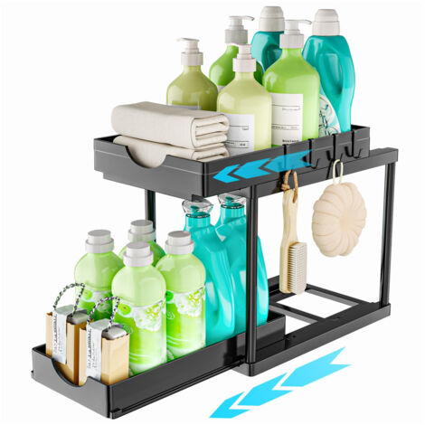 LEDANDER Under Sink Bathroom Organizer, 2-Tier Sliding Basket, Multipurpose Bathroom Storage Basket (Black) (1/5)