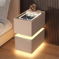 AUTRUCKER Connected bedside table, LED lighting, leather finish, narrow bedside table with wireless charging, khaki, 25 x 40 x 48 cm